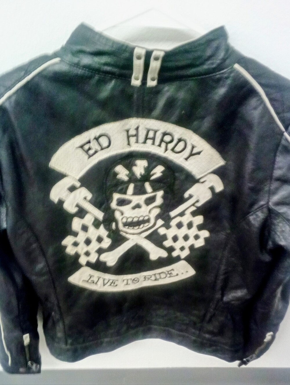 Ed Hardy Live To Ride Leather Motorcycle Jacket Black & White Small